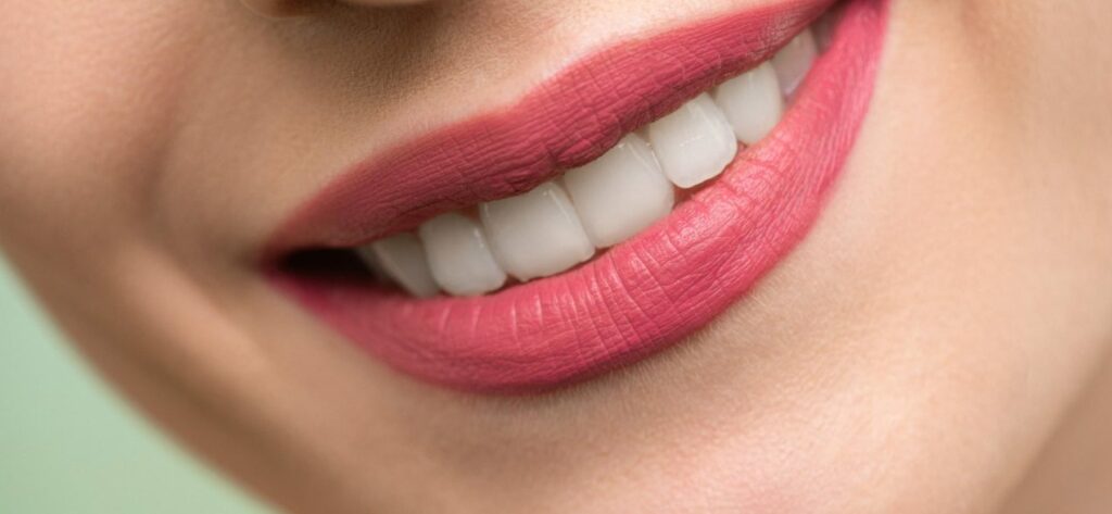 an image of a woman with pink lipstick smile after her procedure in big smile dental